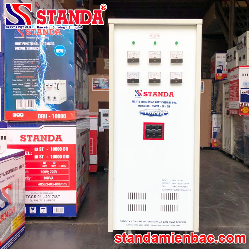 ổn áp Standa 15KVA dải 160V -430V dây đồng 100% chính hãng mặt trước máy