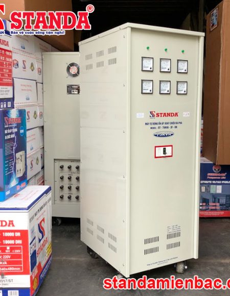 Ổn áp standa 75KVA dải 160V - 430V dây đồng 100% mặt nghiêng của máy